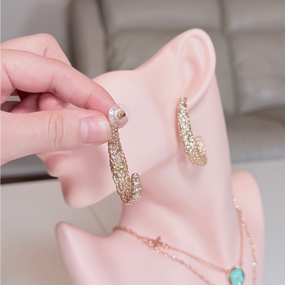 Gold Crystal Pavé Textured Earrings - Elegant Women's Jewelry - Picture 5 of 9